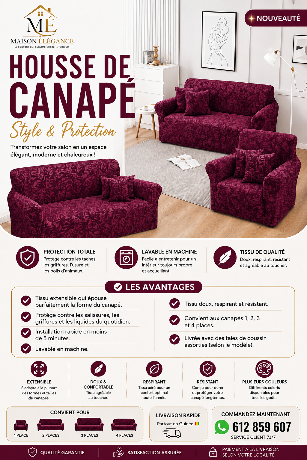 Housse de Canapé Extensible Premium + 6 Housses de Coussins Décoratives Offertes